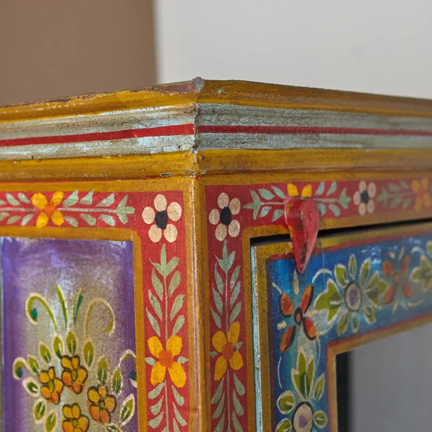Mehendi Art Painted Mango Wood Cabinet - Handcrafted 182cm Multicolor Solid Wood Wardrobe