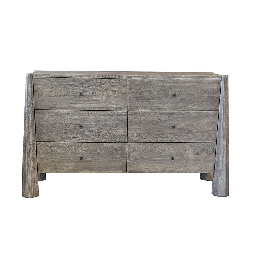 Wooden dresser with a rustic finish on a white background