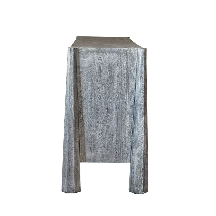Wooden side table with a grayish-brown finish on a white background