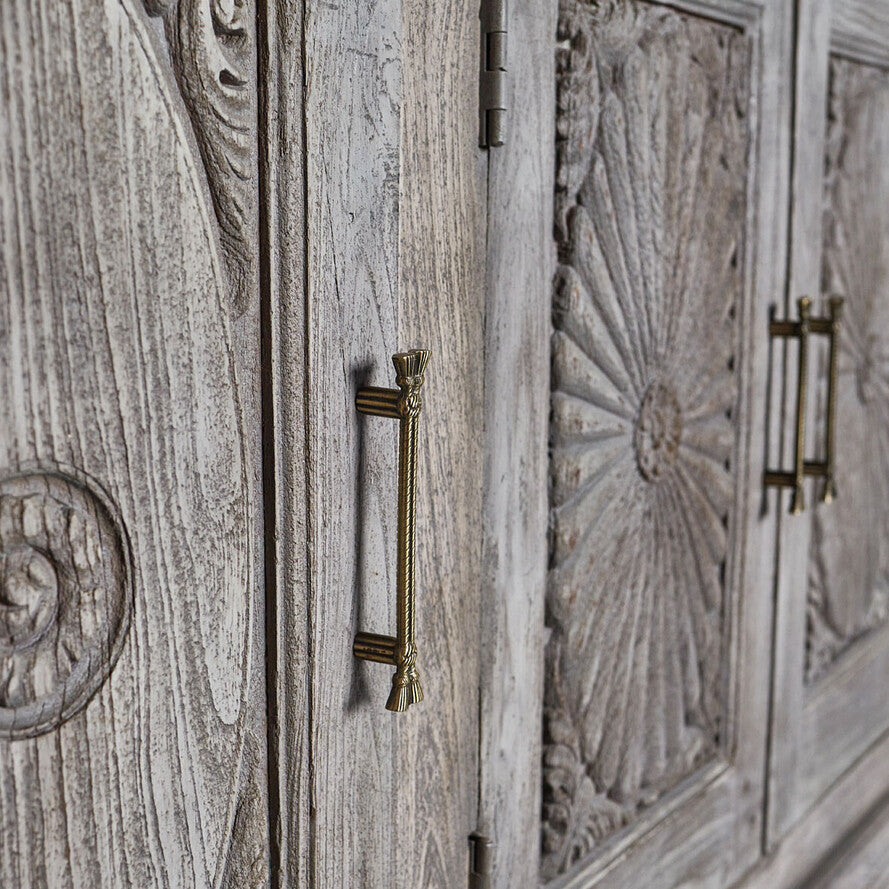 Royal Floral Hand-Carved Mango Wood Sideboard - 180cm Solid Wood 4-Door Sideboard in Distressed Grey