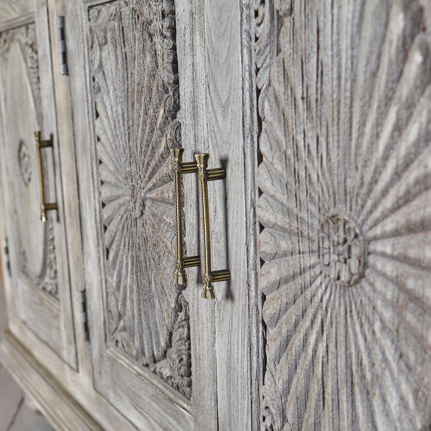Royal Floral Hand-Carved Mango Wood Sideboard - 180cm Solid Wood 4-Door Sideboard in Distressed Grey