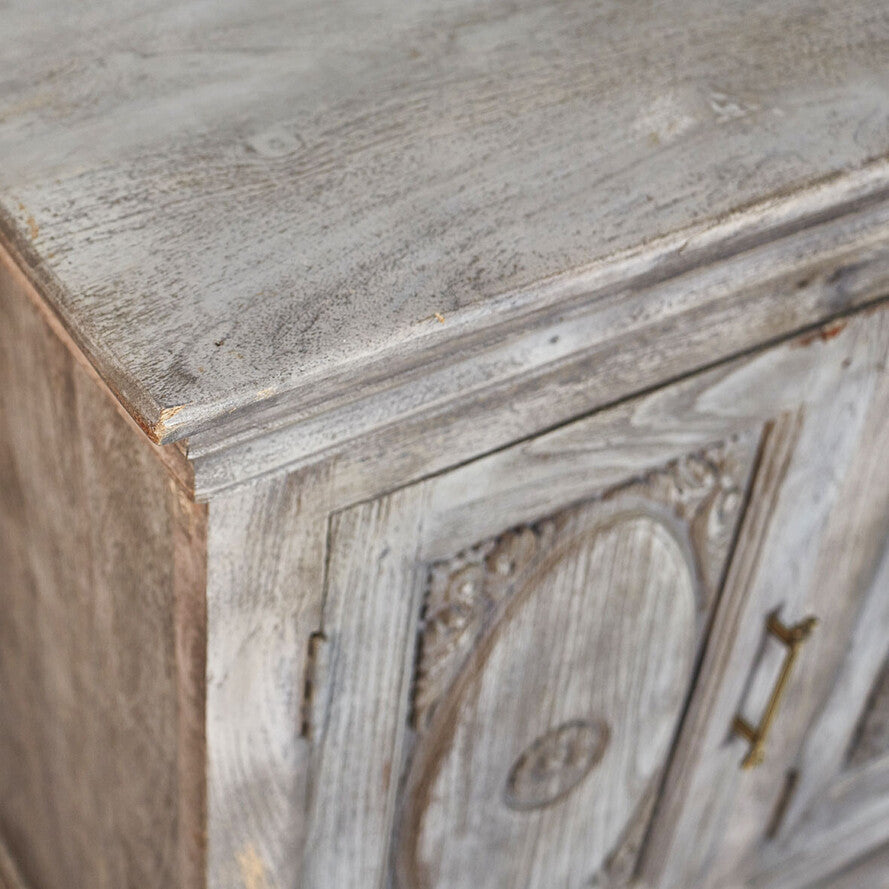 Royal Floral Hand-Carved Mango Wood Sideboard - 180cm Solid Wood 4-Door Sideboard in Distressed Grey
