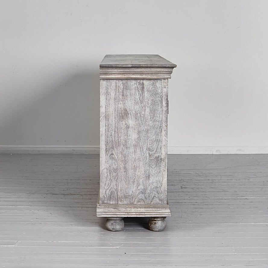 Royal Floral Hand-Carved Mango Wood Sideboard - 180cm Solid Wood 4-Door Sideboard in Distressed Grey