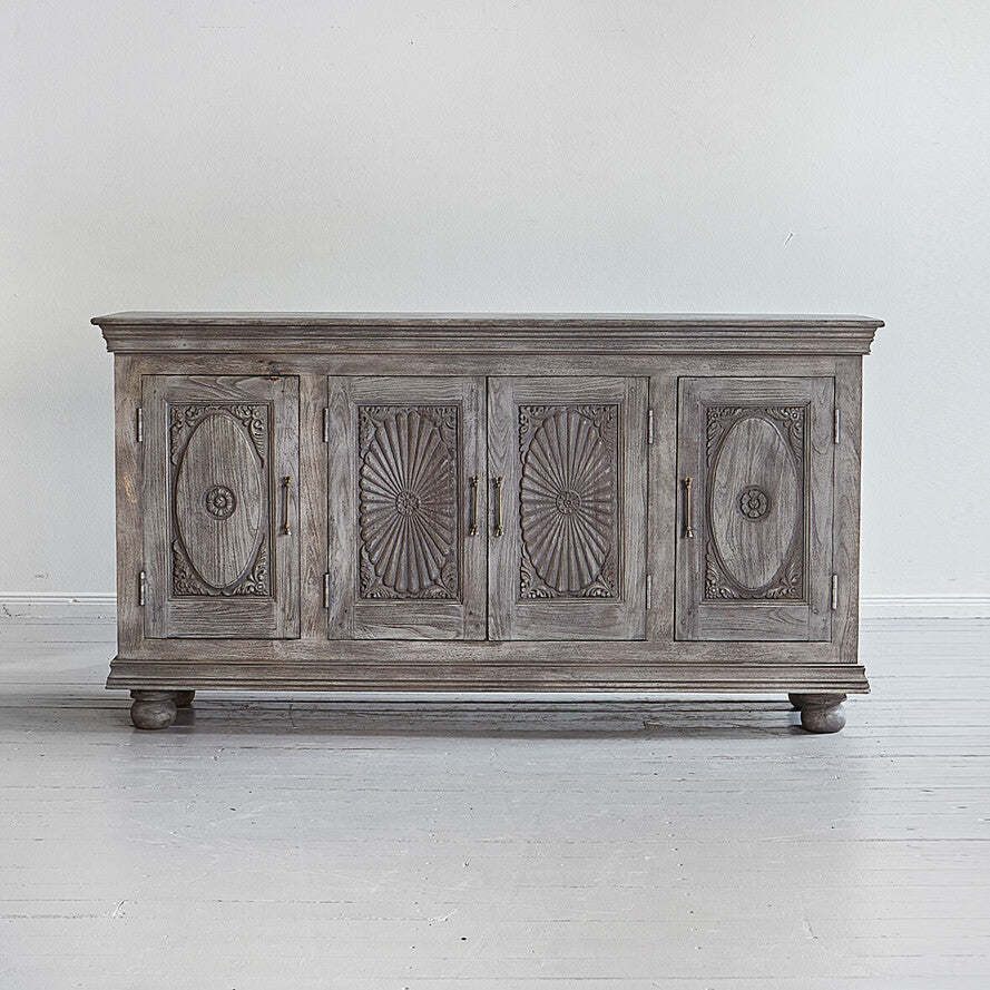 Royal Floral Hand-Carved Mango Wood Sideboard - 180cm Solid Wood 4-Door Sideboard in Distressed Grey
