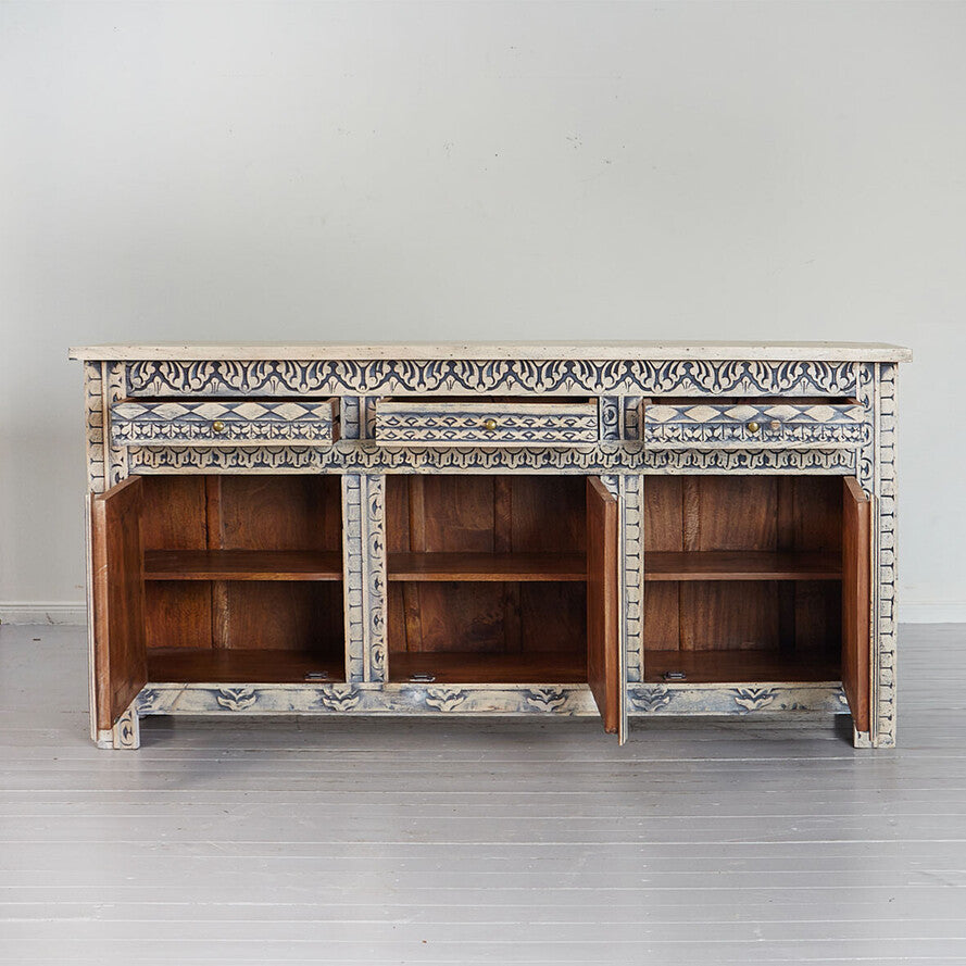 Royal Sunburst Hand-Carved Mango Wood Sideboard - 195cm Extra-Wide Solid Wood 3-Door Cabinet