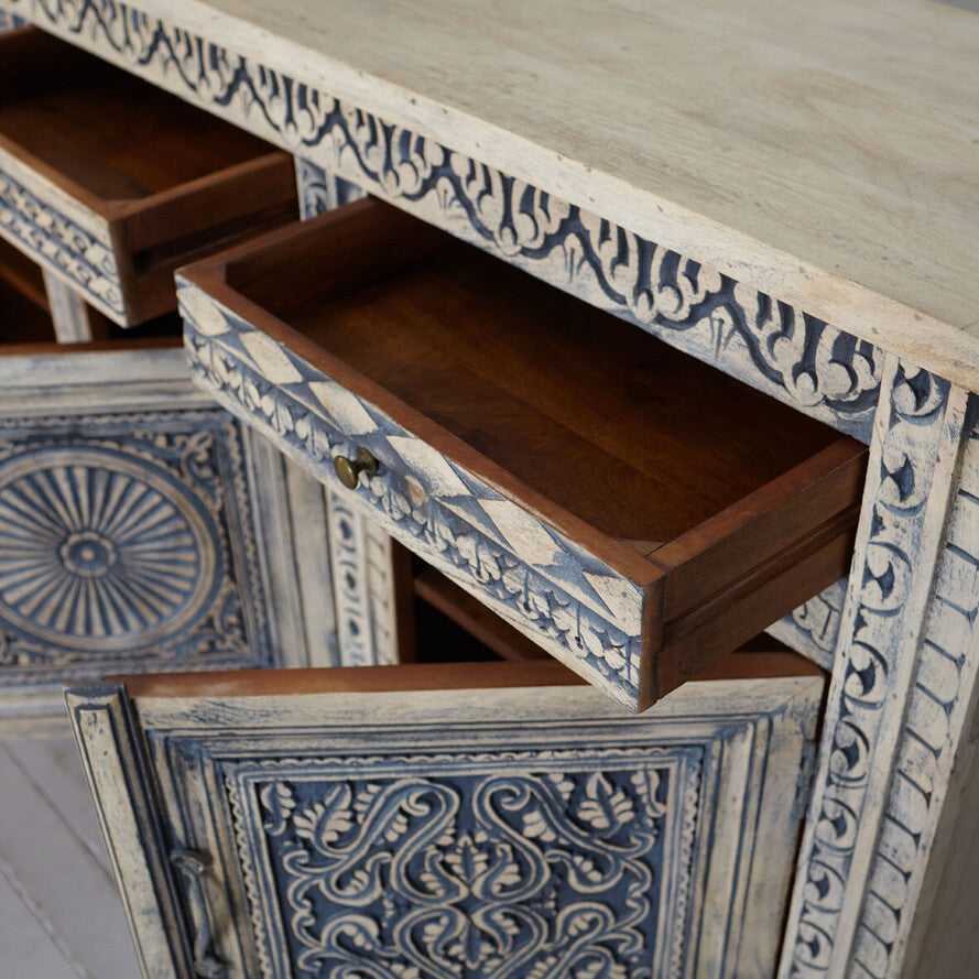 Royal Sunburst Hand-Carved Mango Wood Sideboard - 195cm Extra-Wide Solid Wood 3-Door Cabinet