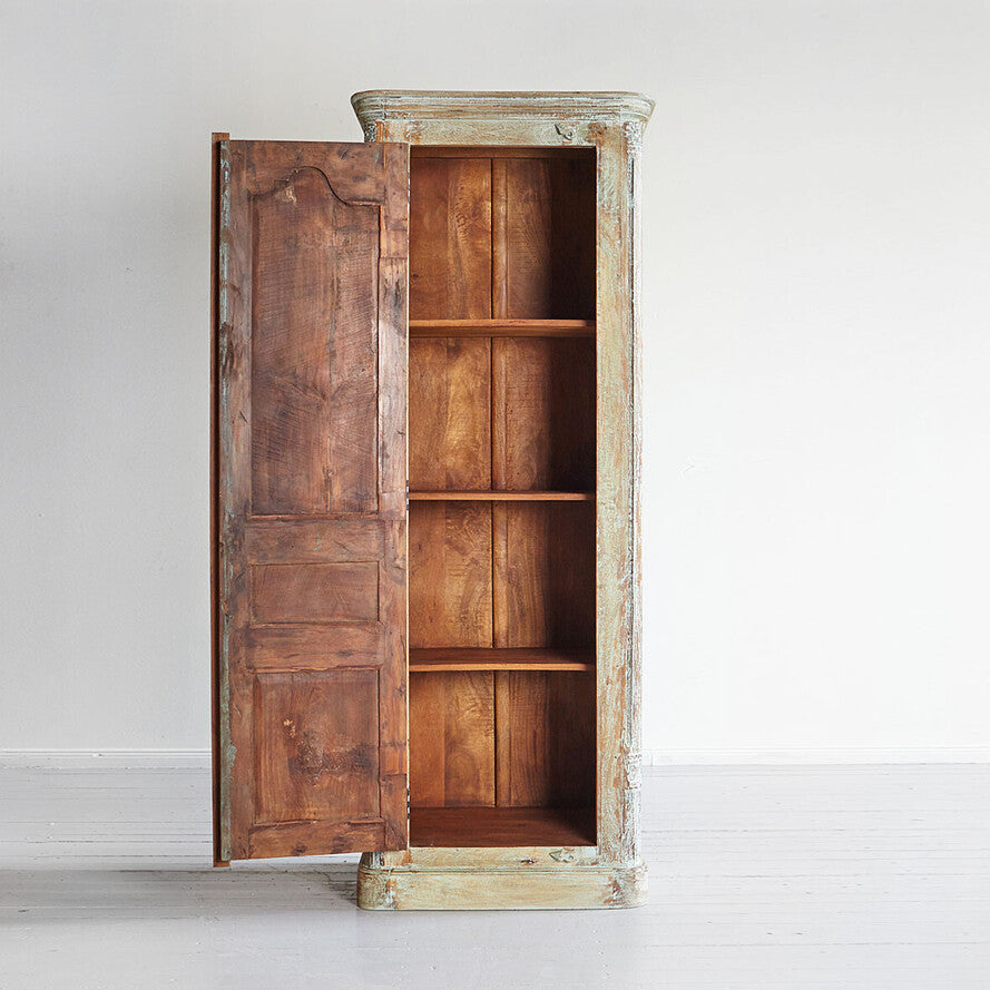 Carved Tall Mango Wood Cabinet - Handcrafted 213cm Solid Wood Armoire with Floral Relief