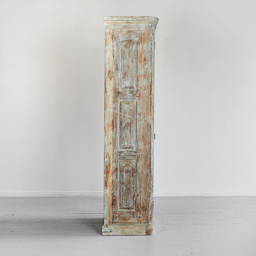 Carved Tall Mango Wood Cabinet - Handcrafted 213cm Solid Wood Armoire with Floral Relief