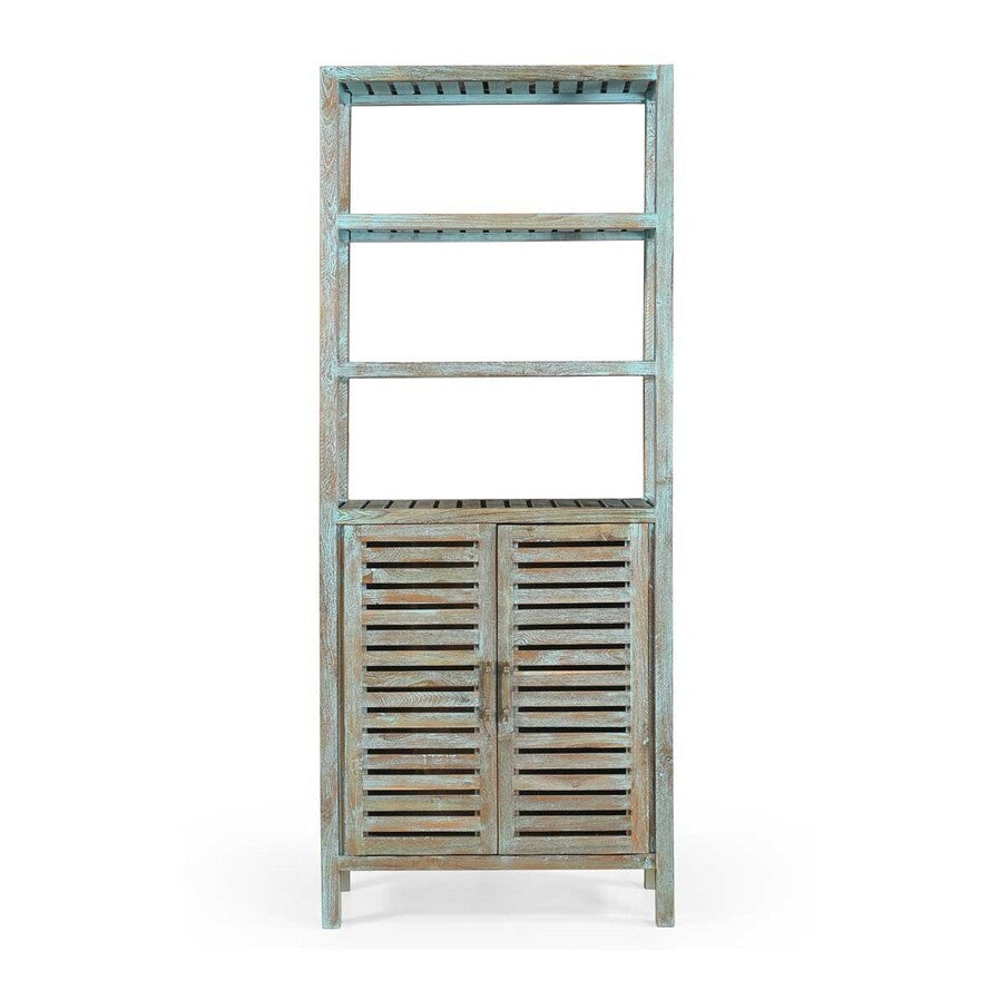 Wooden shelf with slatted design on a white background