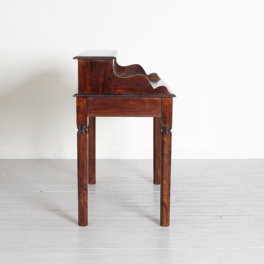 Solid Sheesham Wood Secretary Desk — Tiered Writing Table with 3 Drawers, Rich Brown, 115 × 97 × 57 cm