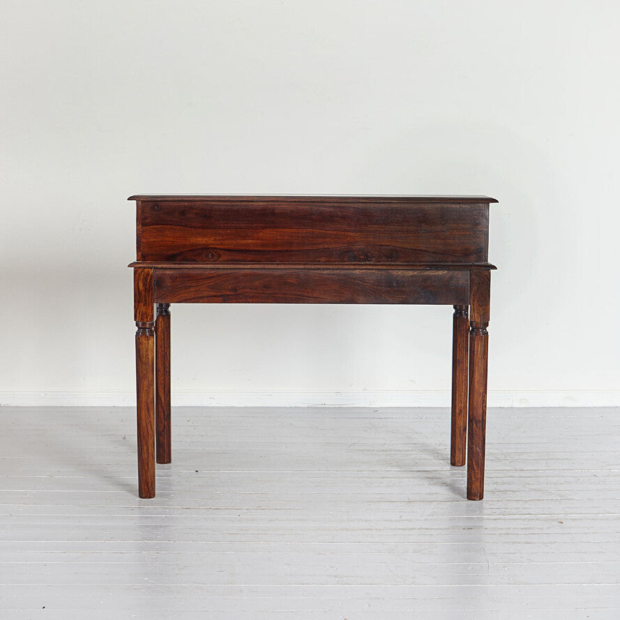 Solid Sheesham Wood Secretary Desk — Tiered Writing Table with 3 Drawers, Rich Brown, 115 × 97 × 57 cm