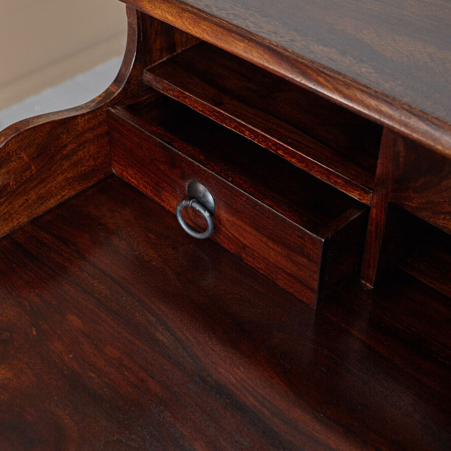 Solid Sheesham Wood Secretary Desk — Tiered Writing Table with 3 Drawers, Rich Brown, 115 × 97 × 57 cm
