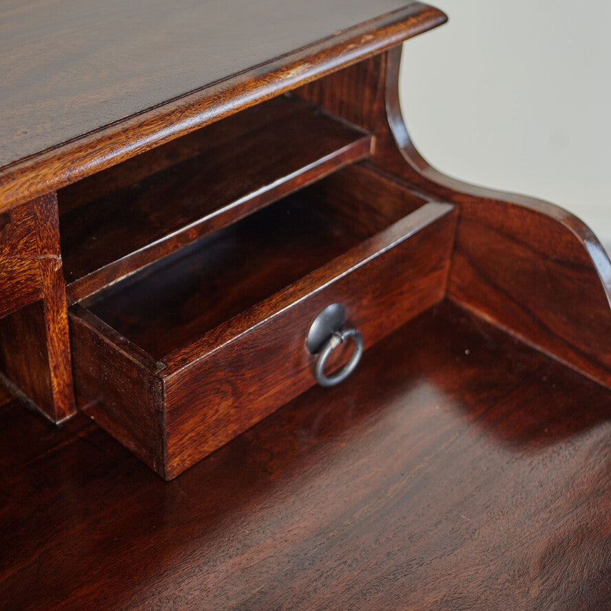 Solid Sheesham Wood Secretary Desk — Tiered Writing Table with 3 Drawers, Rich Brown, 115 × 97 × 57 cm