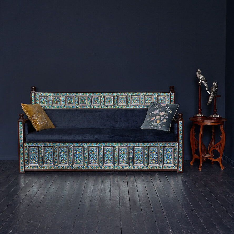 Marrakesh Blue Embossed 3-Seater Sofa - Handcrafted Mango Wood & Metal Clad Luxury Settee