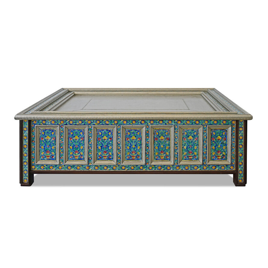 Living Furn India handcrafted large coffee table in Marrakesh blue, featuring a bold embossed floral pattern on a walnut-finish mango wood frame, 140x107x47 cm.