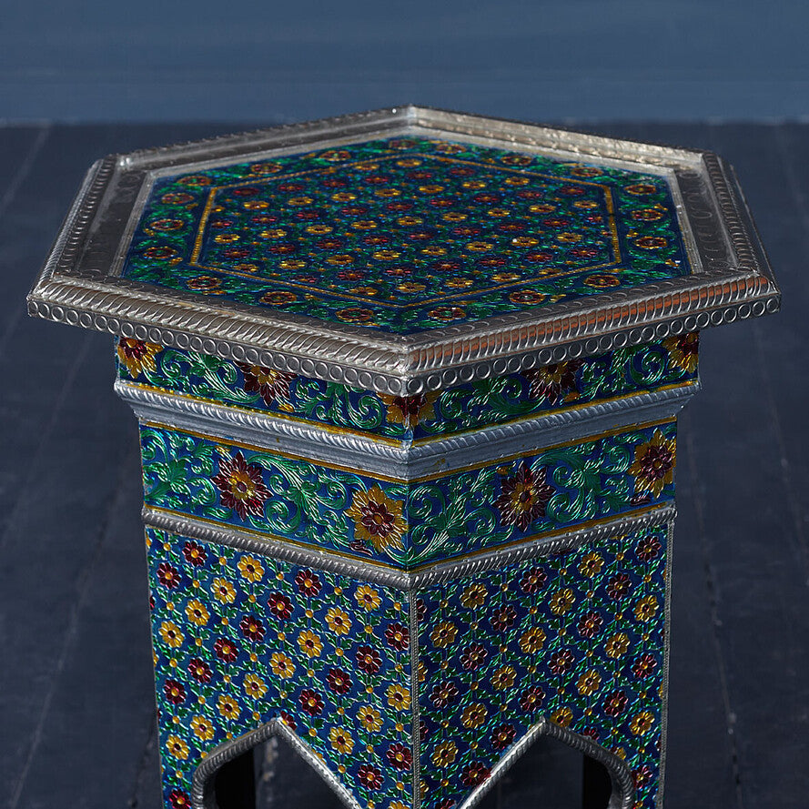 Marrakesh Blue Hexagonal End Table - Hand-Embossed Mango Wood Accent Side Table