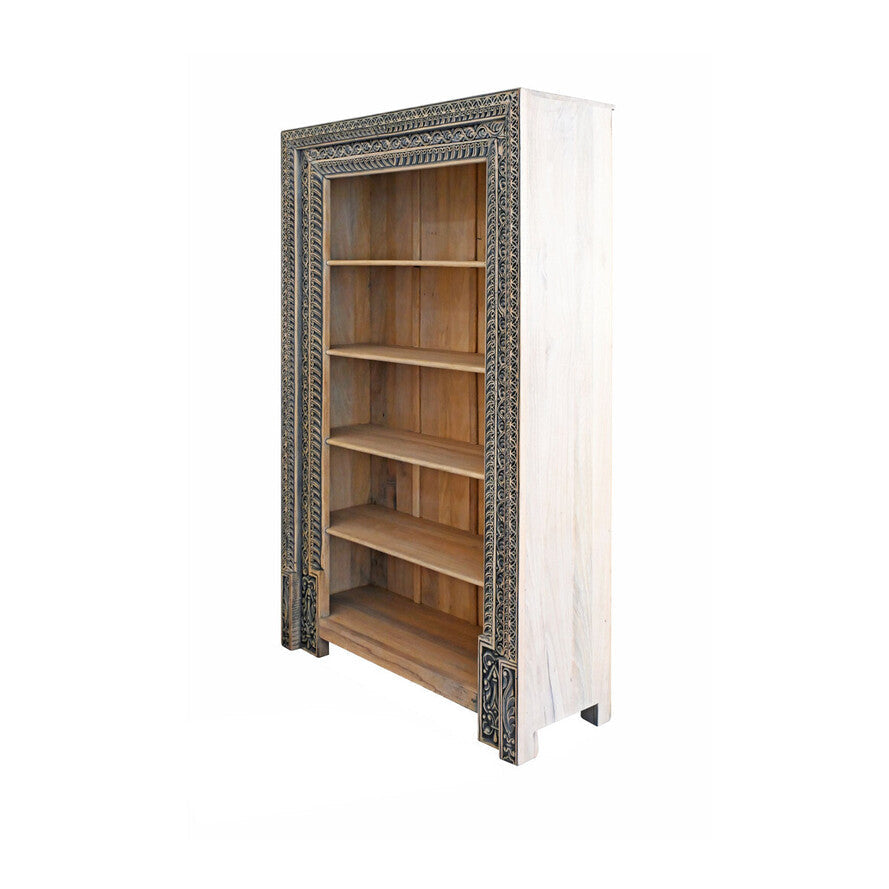 Royal Hand-Carved Mango Wood Bookcase - 190cm Distressed Blue Solid Wood Bookshelf