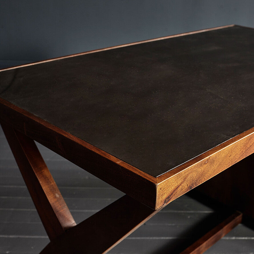 Chandigarh Solid Mango Wood Desk with Leather Trimmed Countertop