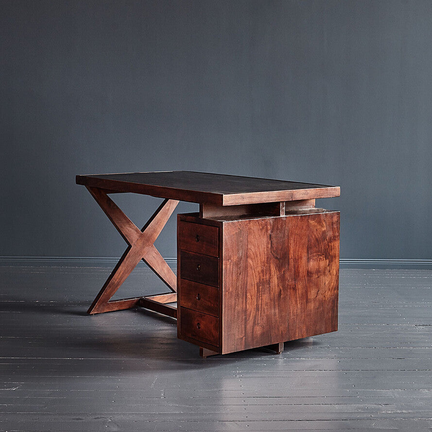 Chandigarh Solid Mango Wood Desk with Leather Trimmed Countertop