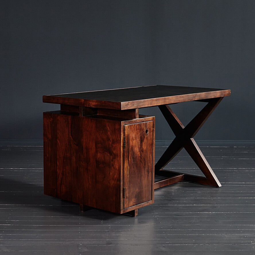 Chandigarh Solid Mango Wood Desk with Leather Trimmed Countertop