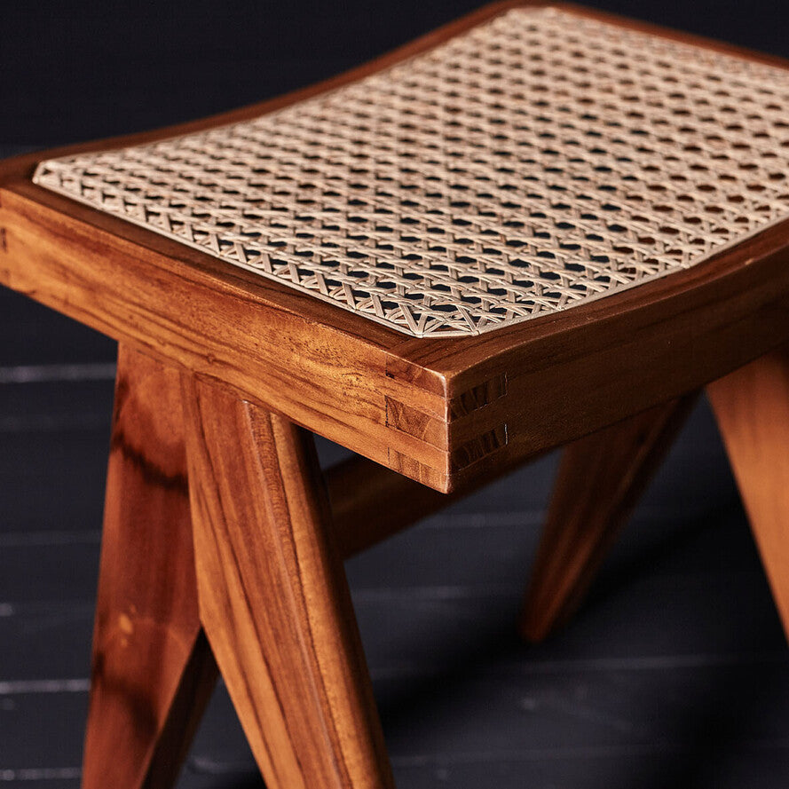 Chandigarh Solid Teak & Cane Stool – Designer Wooden Accent Stool
