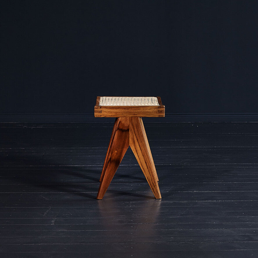 Chandigarh Solid Teak & Cane Stool – Designer Wooden Accent Stool