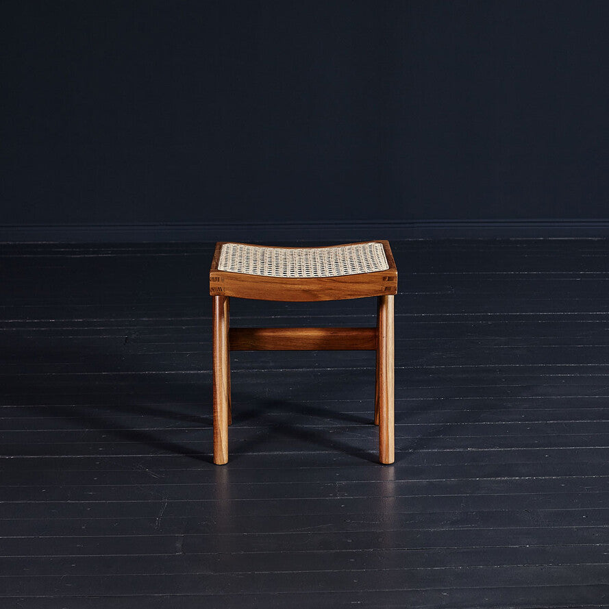 Chandigarh Solid Teak & Cane Stool – Designer Wooden Accent Stool