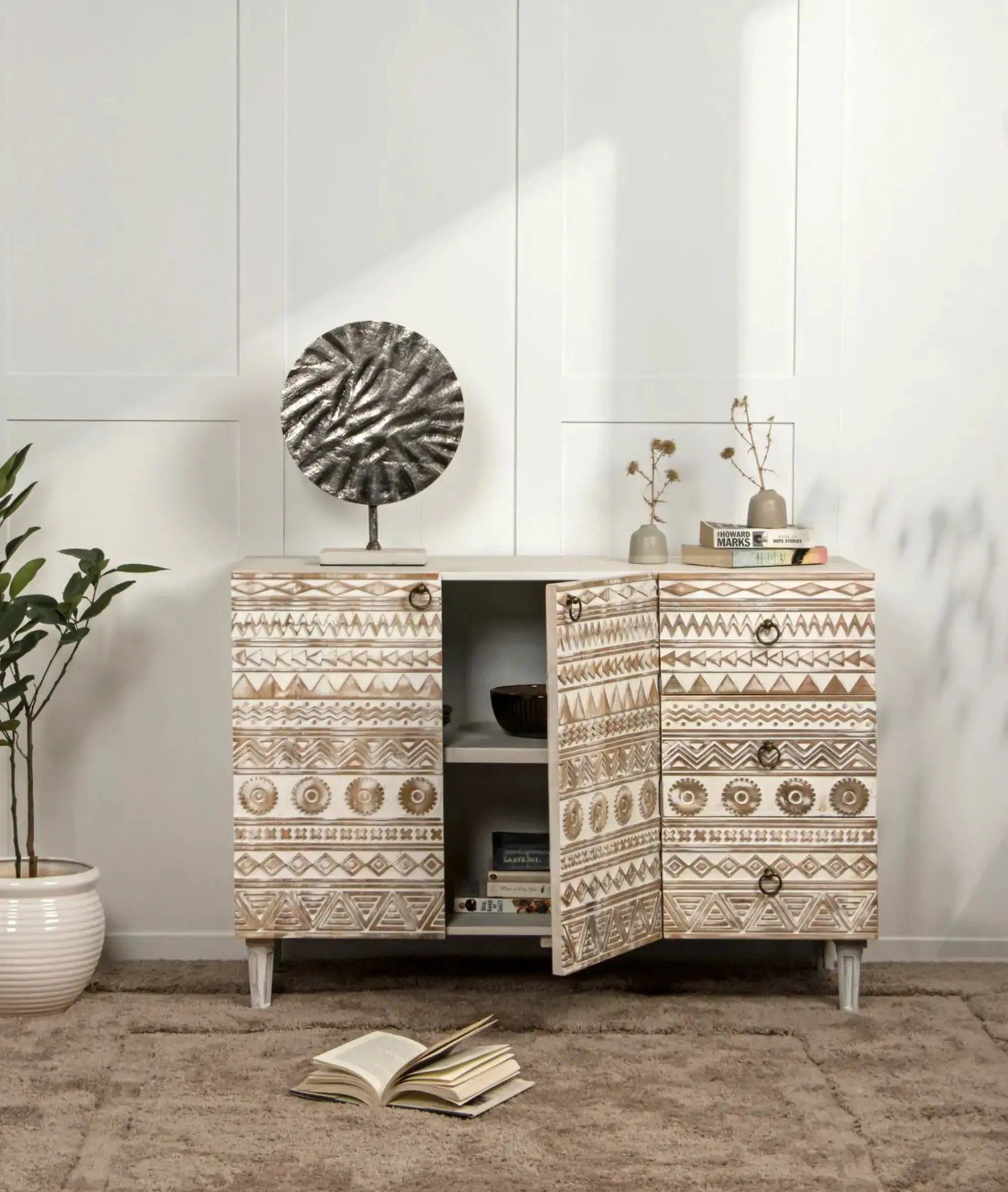 Vintage Carved Mango Wood Sideboard Whitewash Sideboard 120x46x84cm carved jlhomedecor2021.myshopify.com