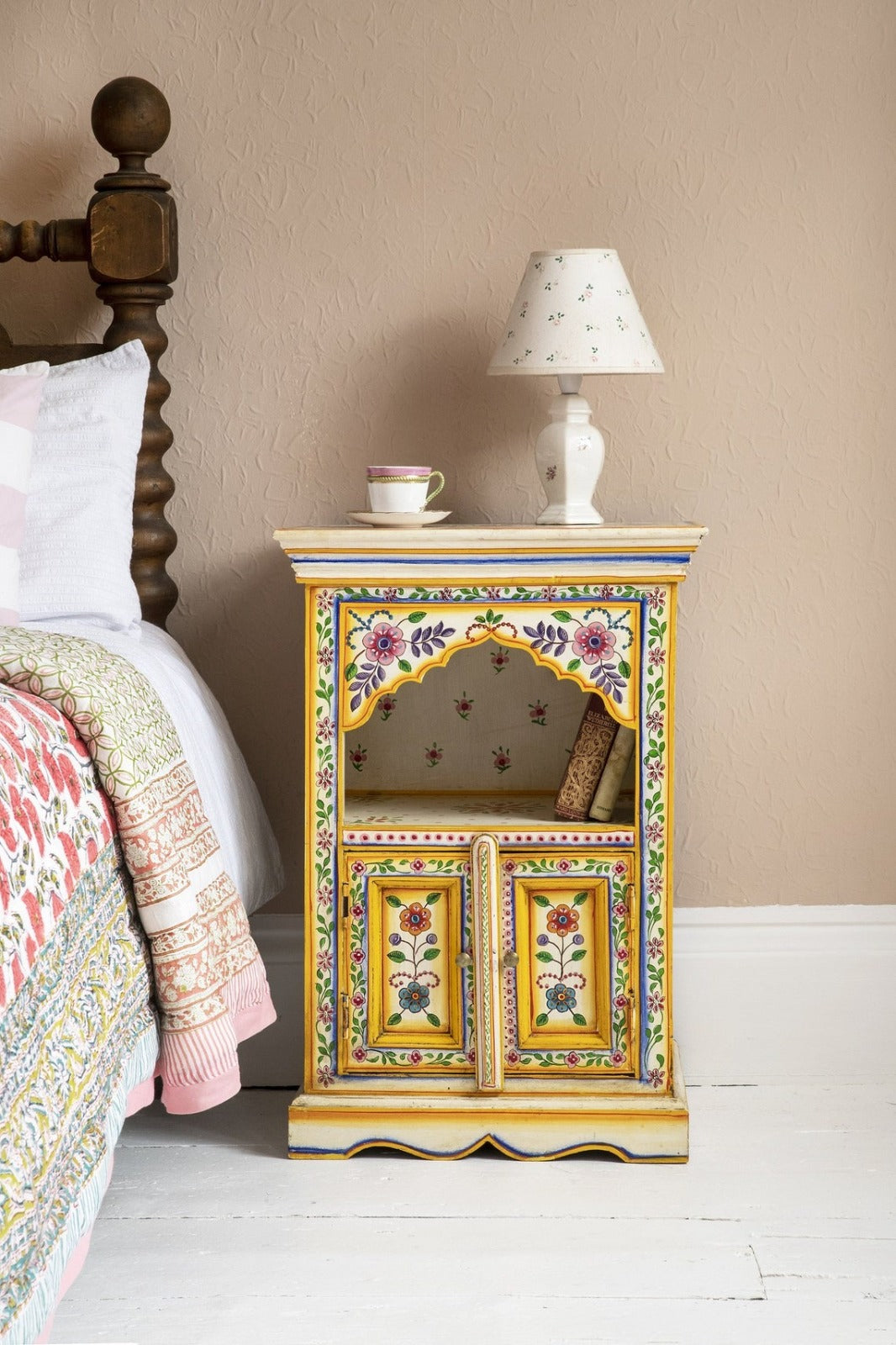Cream & Yellow Hand Painted Bedside Table | Wooden Cabinet | Bedside | Side Decor (48x36x74cm) - J.L.HOME DECOR