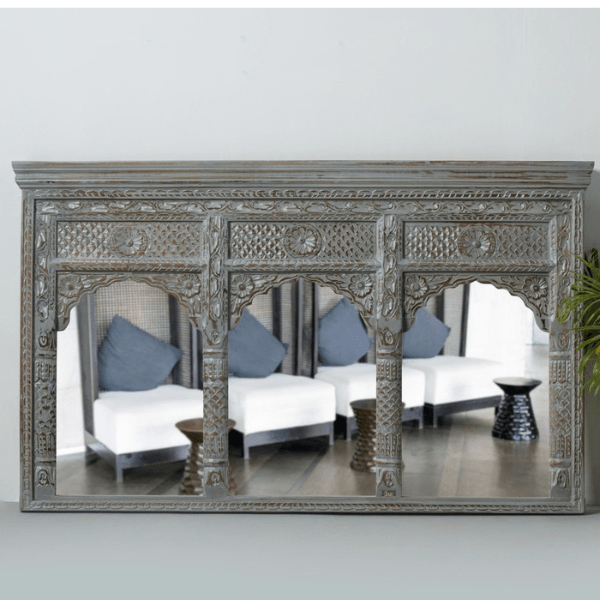 Majestic Triple Arch Wooden Antique Jharokha Mirror | Mango Wood Wall Decor