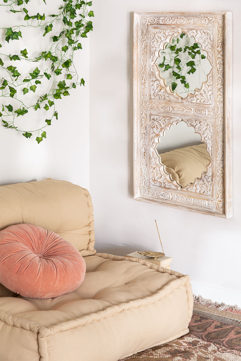 Indian Style Double Wall Mirror Jharokha Hand Carved Wall Mirror in Solid Hard Wood | Vinatge | Rustic | Living Room Antique Wall Decor