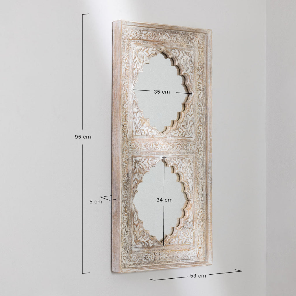 Indian Style Double Wall Mirror Jharokha Hand Carved Wall Mirror in Solid Hard Wood | Vinatge | Rustic | Living Room Antique Wall Decor