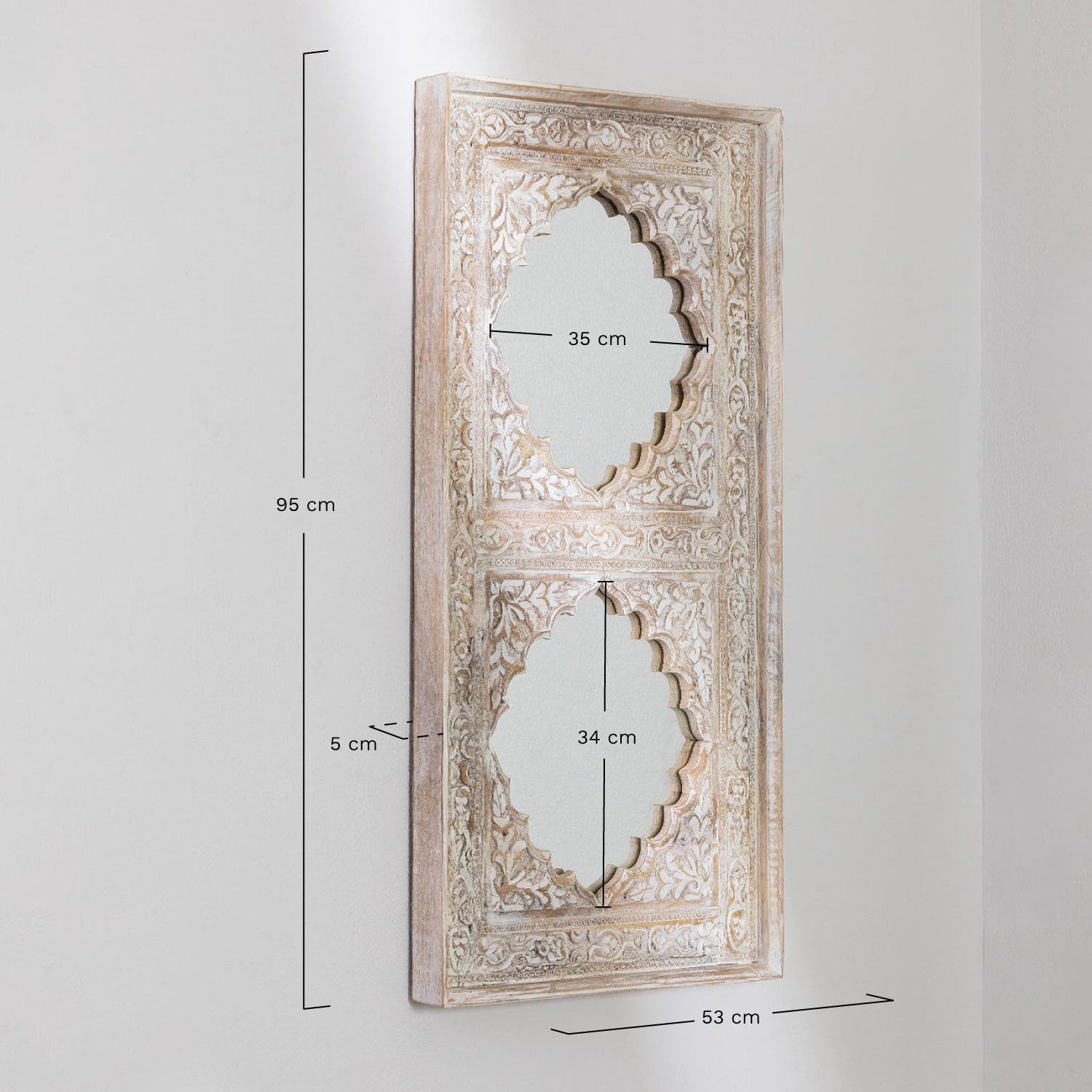 Indian Style Double Wall Mirror Jharokha Hand Carved Wall Mirror in Solid Hard Wood | Vinatge | Rustic | Living Room Antique Wall Decor