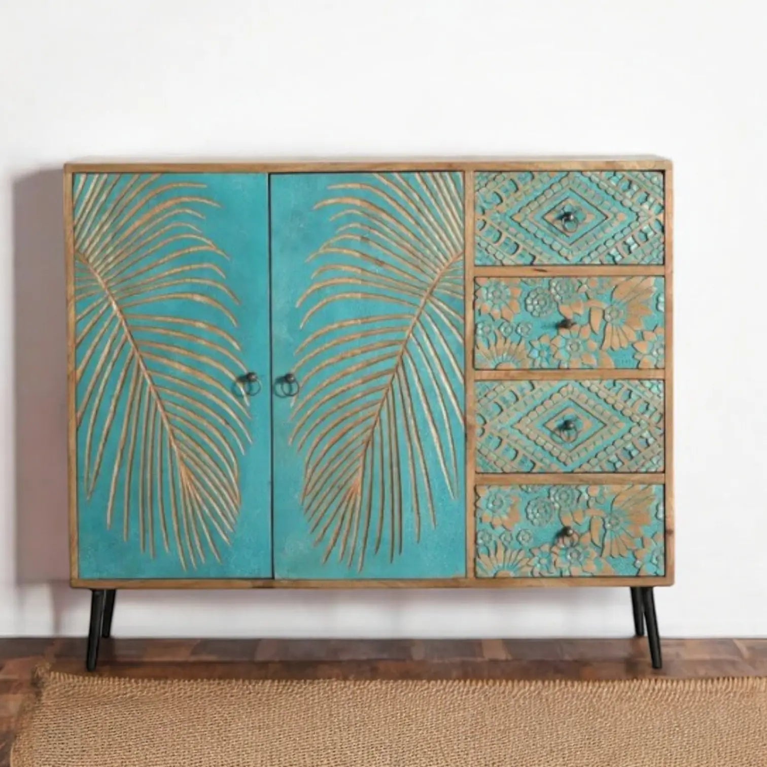 Blue Rustic Hand carved Cabinet Metal Leg Cabinet  Artisan Craftsmanship jlhomedecor2021.myshopify.com