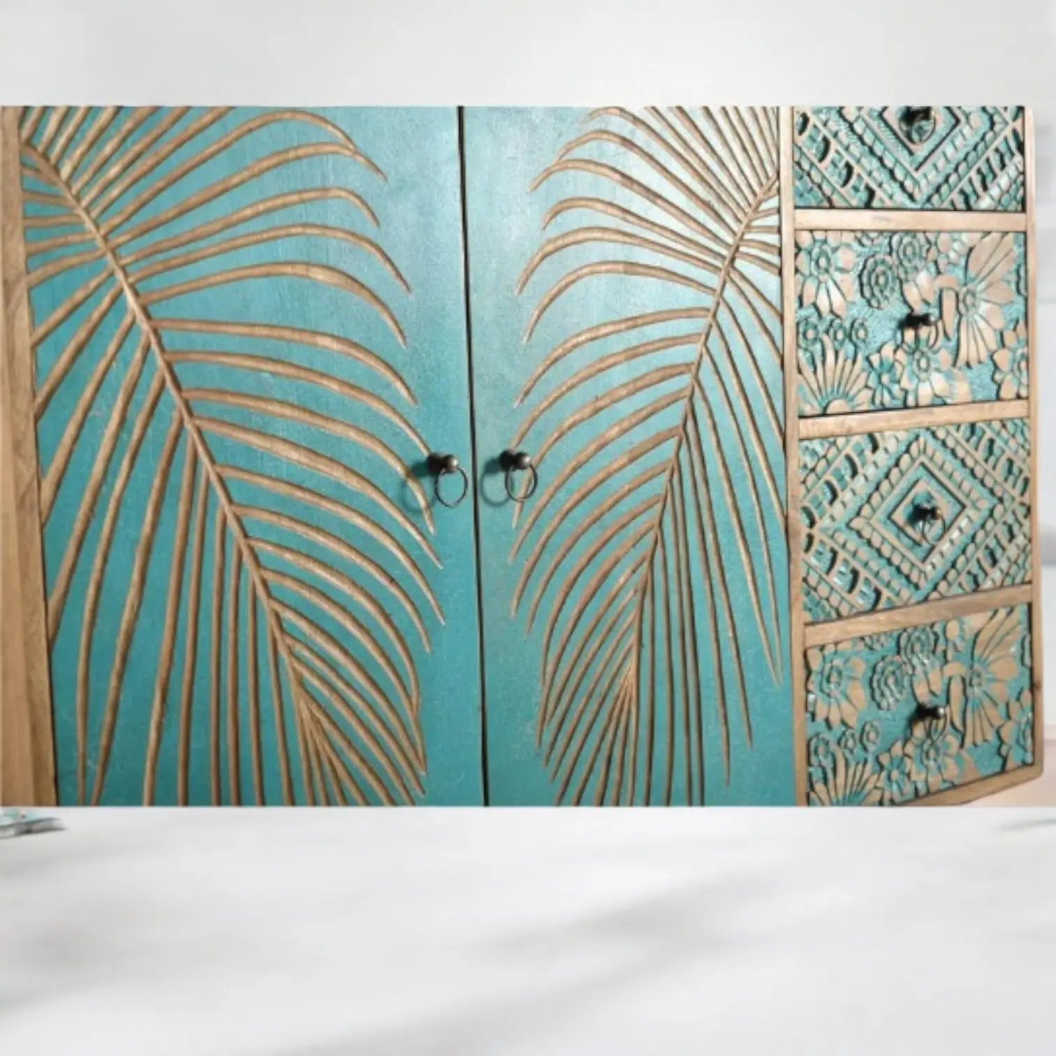 Blue Rustic Hand carved Cabinet Metal Leg Cabinet  Artisan Craftsmanship jlhomedecor2021.myshopify.com