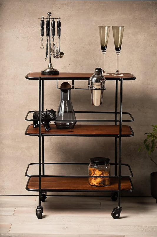 Brown & Black Wooden Bar Trolley - J.L.HOME DECOR