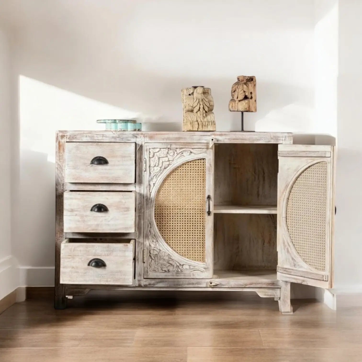 White Rustic Carving Three Drawer Two Door Rattan Cabinet  Artisan Craftsmanship jlhomedecor2021.myshopify.com