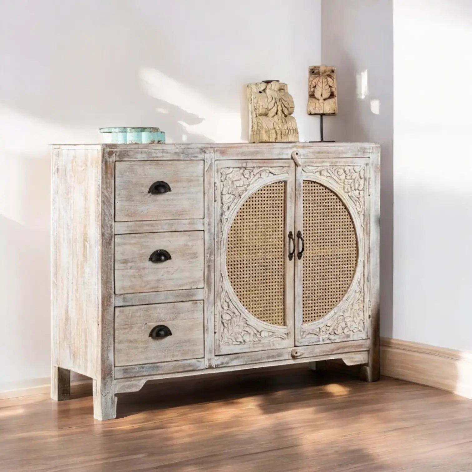 White Rustic Carving Three Drawer Two Door Rattan Cabinet  Artisan Craftsmanship jlhomedecor2021.myshopify.com