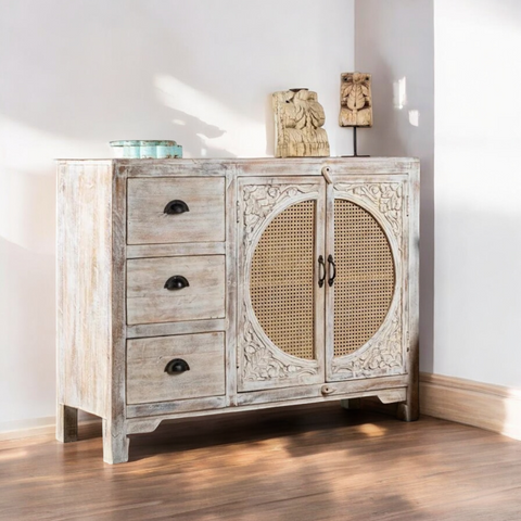 White Rustic Carving Three Drawer Two Door Rattan