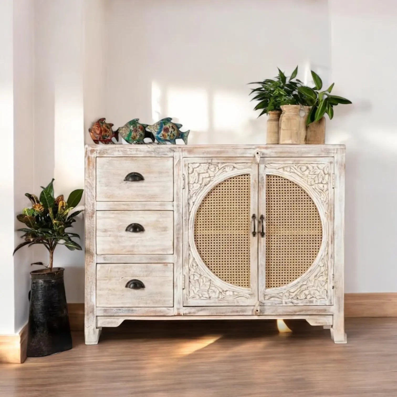 White Rustic Carving Three Drawer Two Door Rattan Cabinet  Artisan Craftsmanship jlhomedecor2021.myshopify.com