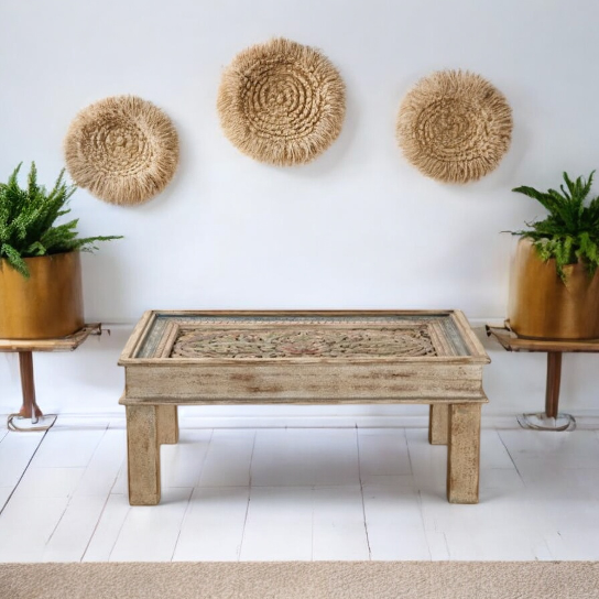 Rustic Elegance Meets Modern Functionality - Unique and Contemporary Designs - Hand Carving Top White Rustic Solid Wood Coffee Table