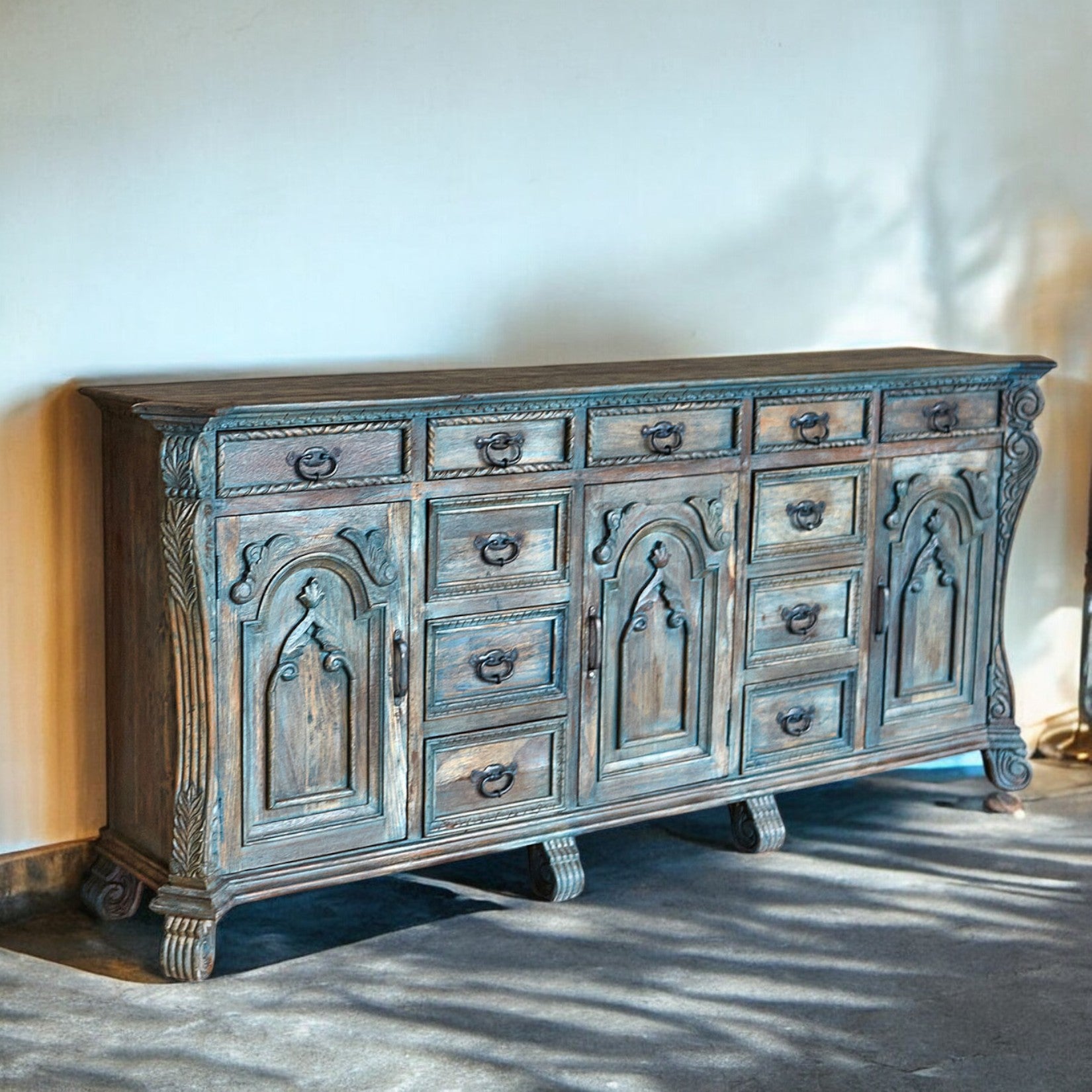 Blue mango wood chest of drawers – vintage-inspired bedroom storage with brass handles