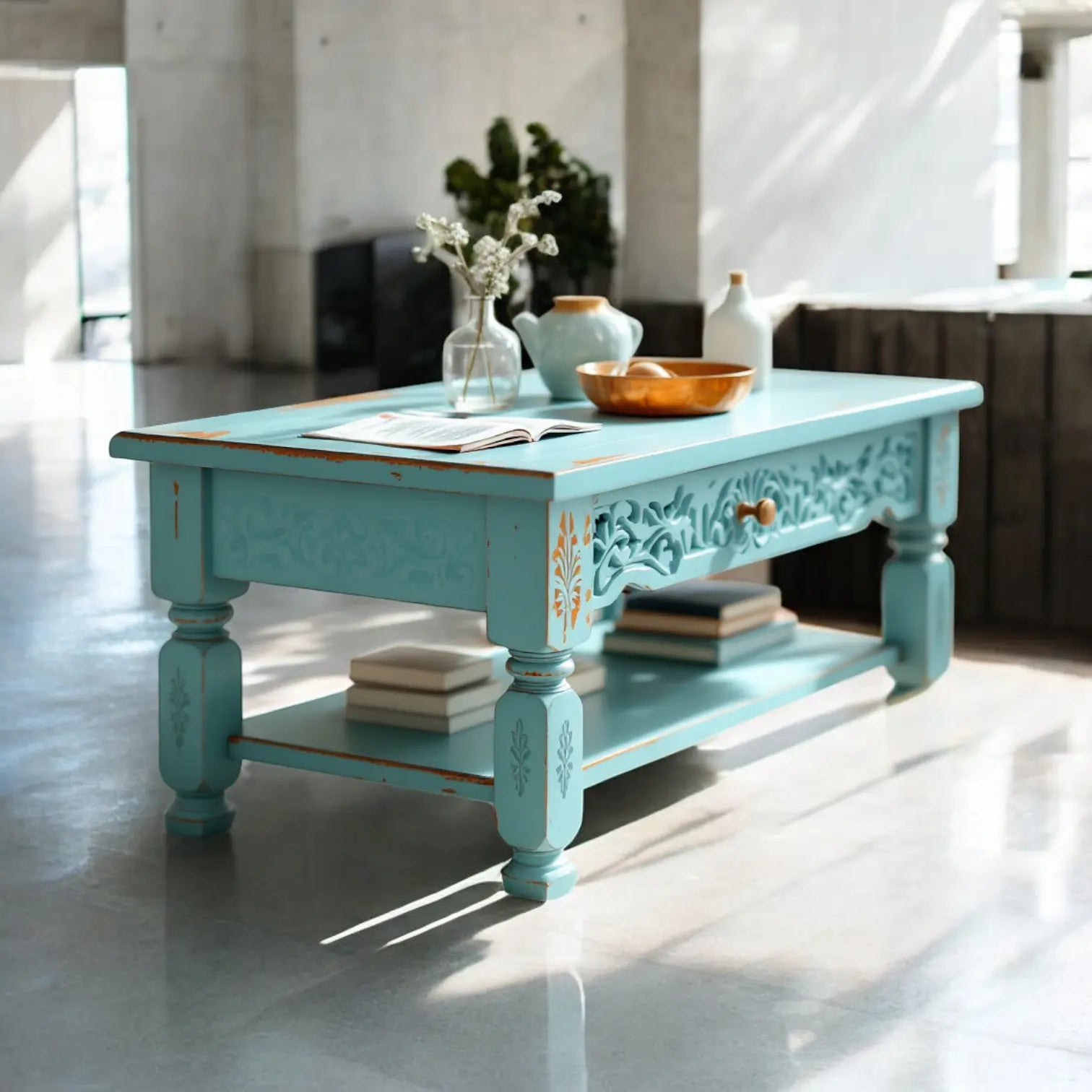 Blue Carved vintage Coffee table Coffee Tables  antique coffee table​ jlhomedecor2021.myshopify.com