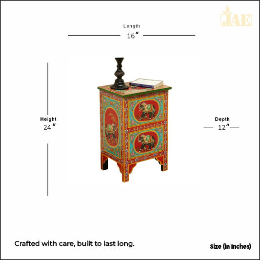 Handpainted Side Table for Bedroom | Bedside Table with Drawers | Wooden Rajasthani Bedside - J.L.HOME DECOR