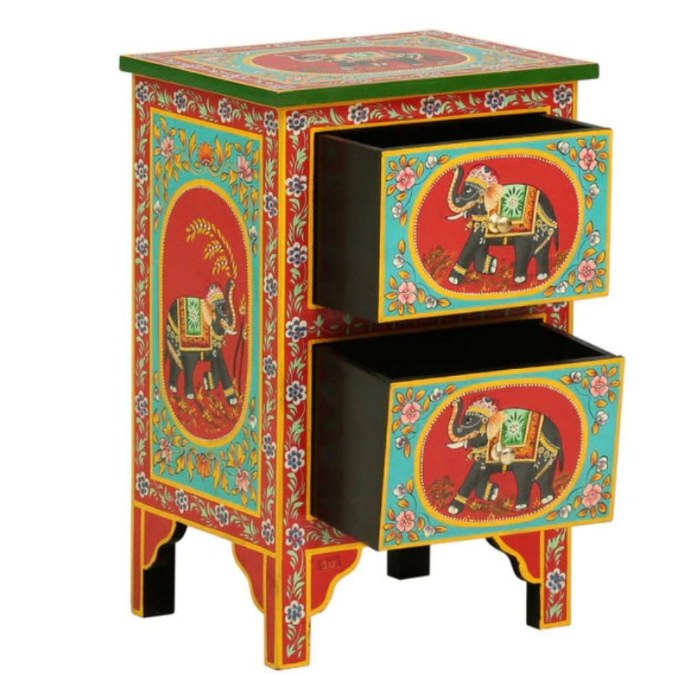 Handpainted Side Table for Bedroom | Bedside Table with Drawers | Wooden Rajasthani Bedside - J.L.HOME DECOR