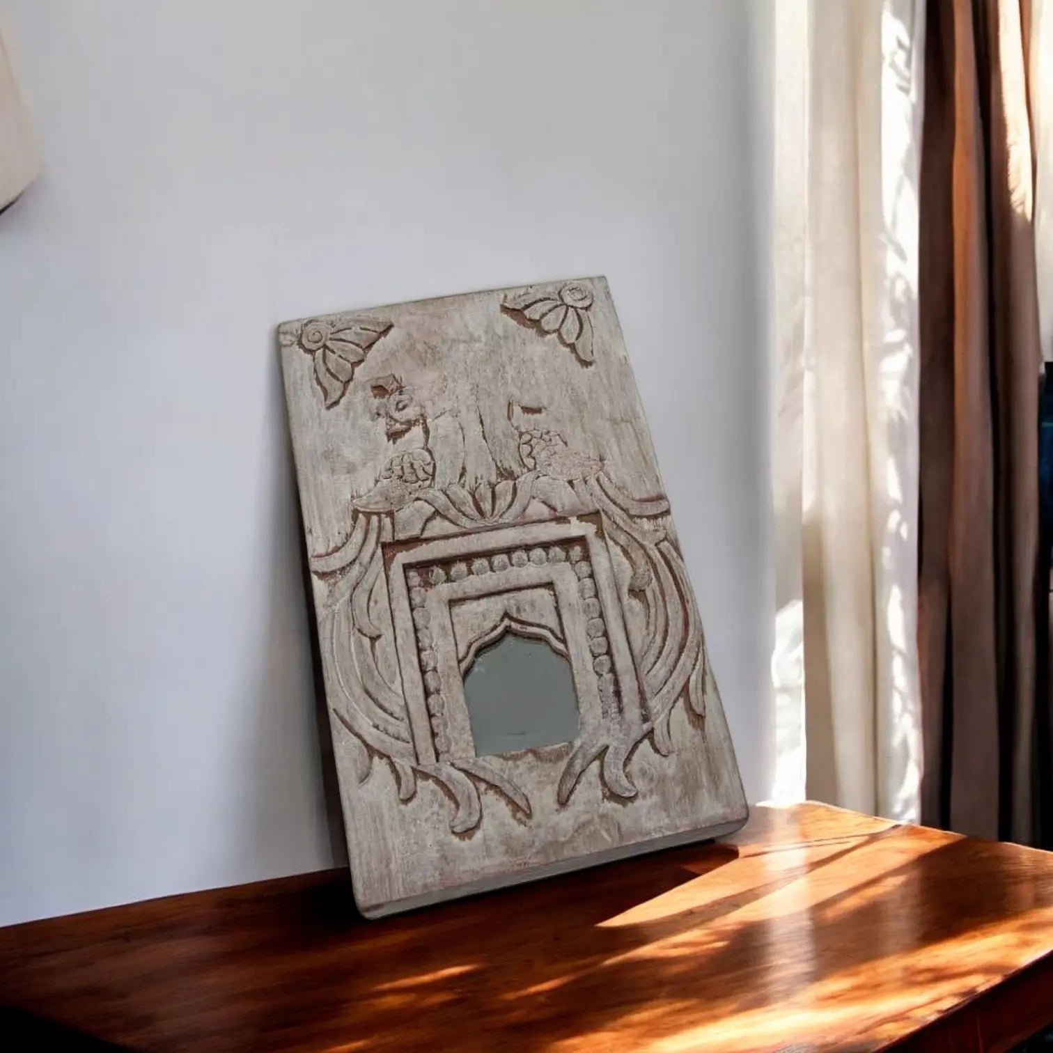 Temple Mirror Peacock White Hand Carved Mirror  architectural design jlhomedecor2021.myshopify.com