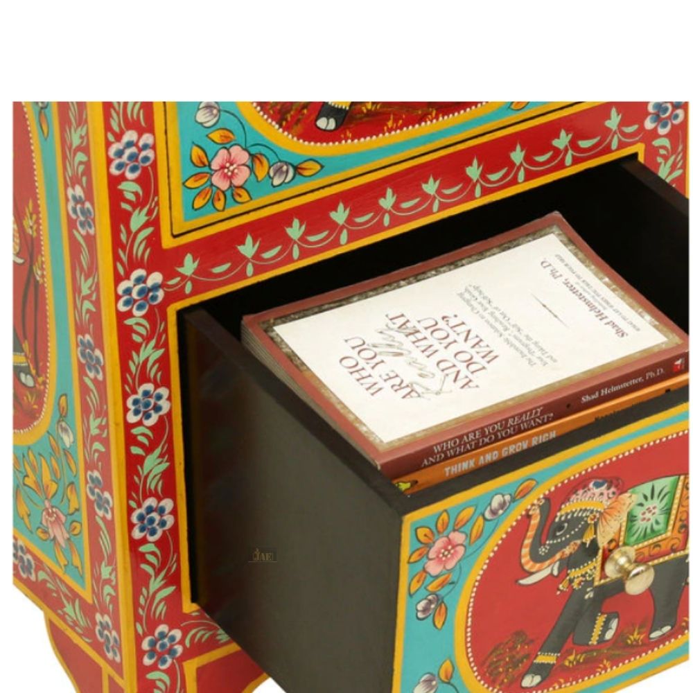 Handpainted Side Table for Bedroom | Bedside Table with Drawers | Wooden Rajasthani Bedside - J.L.HOME DECOR