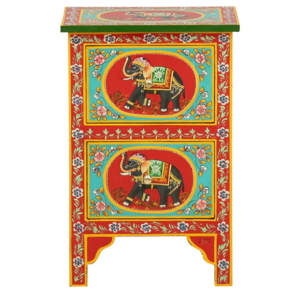Handpainted Side Table for Bedroom | Bedside Table with Drawers | Wooden Rajasthani Bedside - J.L.HOME DECOR