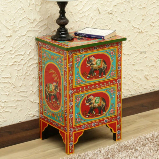 Handpainted Side Table for Bedroom | Bedside Table with Drawers | Wooden Rajasthani Bedside - J.L.HOME DECOR