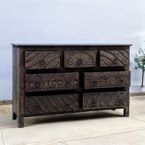 Dark Hand Carved Chest of Drawer